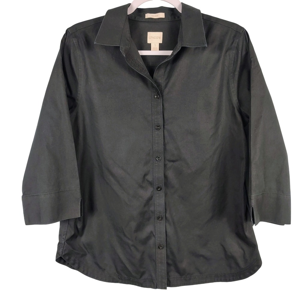 Chicos Womens SZ 1 No-Iron Button Down Shirt Black Cotton Officecore 3/4 Sleeve